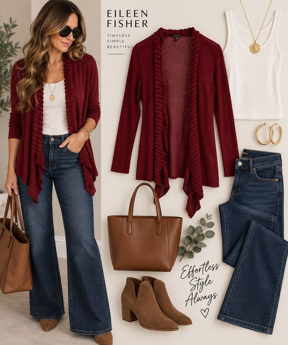 Eileen Fisher XS Burgundy Linen Blend Ruffle Draped Open Front Cardigan
